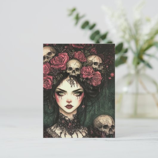 Persephone Roze Rozen en schedels Briefkaart (Staand voorkant)