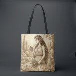 Persephone Vintage Mythology Tote Bag<br><div class="desc">This elegant tote bag features a vintage-style illustration inspired by classical mythology. The artwork depicts Persephone, goddess of spring and renewal, rendered in a refined antique engraving style with soft sepia tones and delicate botanical details. The timeless composition gives the design the look of a classical illustration or museum print,...</div>
