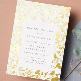 Persgeperste Gouden Blad Wilde Bloemen Trouwframe Folie Uitnodiging