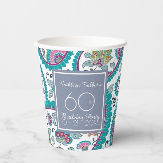 Persian Boteh Paisley 60th Birthday Party Paper C  Papieren Bekers (Voorkant)