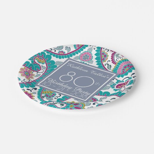 Persian Boteh Paisley 80th Birthday Party Paper P Papieren Bordje (Gekanteld)