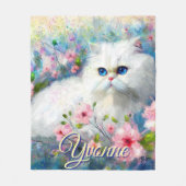 Persian Cat Blue Eyes in Pink Flowers Personalized Fleece Deken (Voorkant)