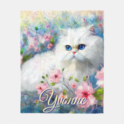 Persian Cat Blue Eyes in Pink Flowers Personalized Fleece Deken (Voorkant)