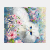 Persian Cat Blue Eyes in Pink Flowers Personalized Fleece Deken (Voorkant (Horizontaal))