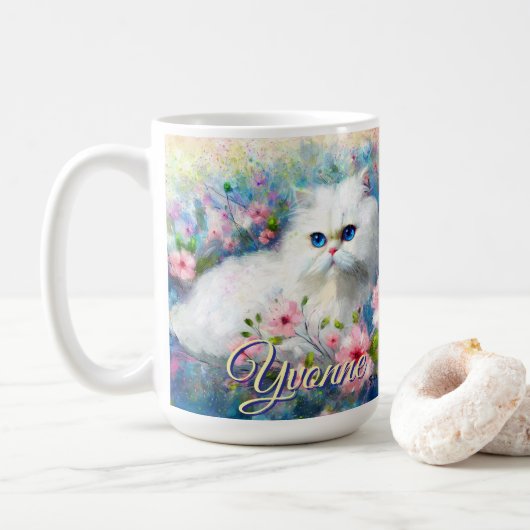 Persian Cat Blue Eyes in Pink Flowers Personalized Koffiemok (Met donut)