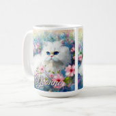 Persian Cat Blue Eyes in Pink Flowers Personalized Koffiemok (Voorkant links)
