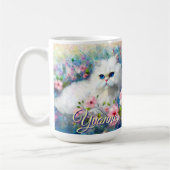 Persian Cat Blue Eyes in Pink Flowers Personalized Koffiemok (Links)