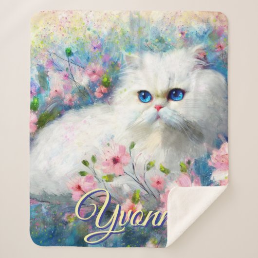 Persian Cat Blue Eyes in Pink Flowers Personalized Sherpa Deken (Voorkant)