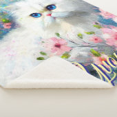 Persian Cat Blue Eyes in Pink Flowers Personalized Sherpa Deken (3/4)