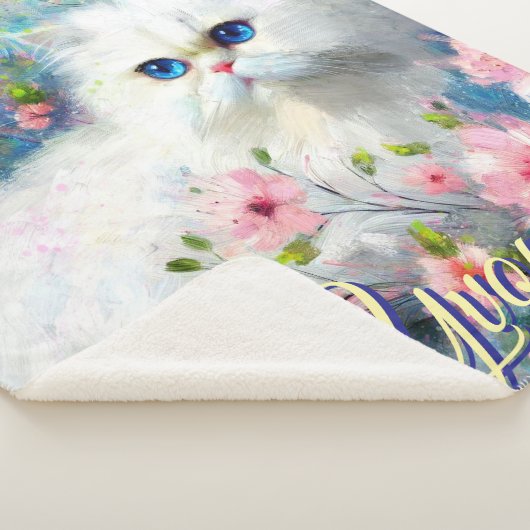 Persian Cat Blue Eyes in Pink Flowers Personalized Sherpa Deken (3/4)