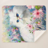 Persian Cat Blue Eyes in Pink Flowers Personalized Sherpa Deken (Voorkant (horizontaal))