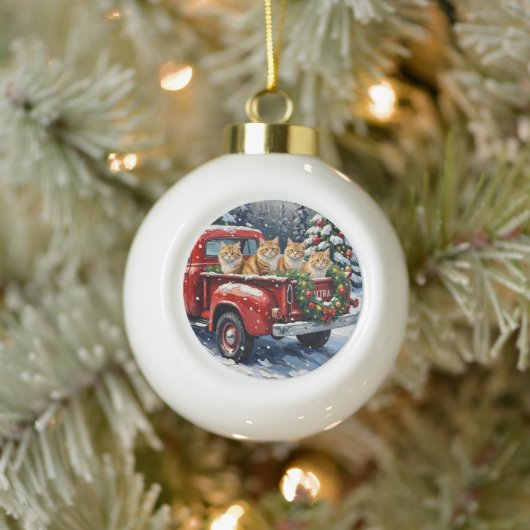 Persian Cat Christmas Red Truck Holiday Keramische Bal Ornament (Boom)
