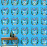 Persian Magen David Menorah Behang<br><div class="desc">This image was adapted from an antique Persian Jewish tile and features a menorah with a Magen David (Star of David) framed by olive branch. De onvolkomenheden van het origineel,  hand-painted image have been preserved.</div>