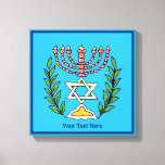 Persian Magen David Menorah Canvas Afdruk<br><div class="desc">Dit afbeelding is aangepast vanuit een antiek Perzische joodse tegel en bevat een menorah met een Magen David (Star of David),  die is opgezet door olijftakken. De onvolkomenheden van het oorspronkelijke,  met de hand geschilde afbeelding zijn bewaard. Voeg je eigen tekst toe.</div>