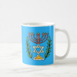 Persian Magen David Menorah Koffiemok<br><div class="desc">Dit afbeelding is gebaseerd op een antiek Perzisch-joodse tegel en bevat een menora met een Magen David (davidster) omlijst door olijftakken. De onvolkomenheden van het originele,  met de hand beschilderde afbeelding zijn bewaard gebleven. Voeg je eigen tekst toe aan de achterkant.</div>