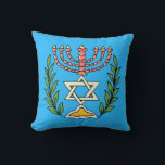 Persian Magen David Menorah Kussen<br><div class="desc">This image was adapted from an antique Persian Jewish tile and features a menorah with a Magen David (Star of David) framed by olive branch. De onvolkomenheden van het origineel,  hand-painted image have been preserved.</div>