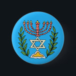 Persian Magen David Menorah Ronde Button 5,7 Cm<br><div class="desc">This image was adapted from an antique Persian Jewish tile and features a menorah with a Magen David (Star of David) framed by olive branch. De onvolkomenheden van het origineel,  hand-painted image have been preserved.</div>