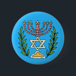 Persian Magen David Menorah Ronde Button 5,7 Cm<br><div class="desc">This image was adapted from an antique Persian Jewish tile and features a menorah with a Magen David (Star of David) framed by olive branch. De onvolkomenheden van het origineel,  hand-painted image have been preserved.</div>