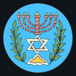 Persian Magen David Menorah Ronde Sticker<br><div class="desc">This image was adapted from an antique Persian Jewish tile and features a menorah with a Magen David (Star of David) framed by olive branch. De onvolkomenheden van het origineel,  hand-painted image have been preserved.</div>