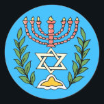 Persian Magen David Menorah Ronde Sticker<br><div class="desc">This image was adapted from an antique Persian Jewish tile and features a menorah with a Magen David (Star of David) framed by olive branch. De onvolkomenheden van het origineel,  hand-painted image have been preserved.</div>