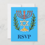 Persian Magen David Menorah RSVP Kaartje<br><div class="desc">Een RSVP-kaart die Bar/Bat Mitzvah-uitnodigingen met hetzelfde ontwerp moet vergezellen. Dit afbeelding is aangepast vanuit een antiek Perzische joodse tegel en bevat een menorah met een Magen David (Star of David),  die is opgezet door olijftakken. De onvolkomenheden van het oorspronkelijke,  met de hand geschilde afbeelding zijn bewaard.</div>