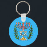 Persian Magen David Menorah Sleutelhanger<br><div class="desc">This image was adapted from an antique Persian Jewish tile and features a menorah with a Magen David (Star of David) framed by olive branch. De onvolkomenheden van het origineel,  hand-painted image have been preserved.</div>