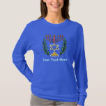 Persian Magen David Menorah T-shirt<br><div class="desc">Dit afbeelding is aangepast vanuit een antiek Perzische joodse tegel en bevat een menorah en Magen David (Star of David),  die zijn omgeven door olijftakken. De onvolkomenheden van het oorspronkelijke,  met de hand geschilde afbeelding zijn bewaard.</div>