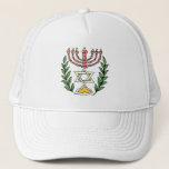 Persian Magen David Menorah Trucker Pet<br><div class="desc">This image was adapted from an antique Persian Jewish tile and features a menorah with a Magen David (Star of David) framed by olive branch. De onvolkomenheden van het origineel,  hand-painted image have been preserved.</div>