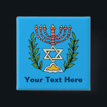 Persian Magen David Menorah Vierkante Button 5,1 Cm<br><div class="desc">This image was adapted from an antique Persian Jewish tile and features a menorah with a Magen David (Star of David) framed by olive branch. De onvolkomenheden van het origineel,  hand-painted image have been preserved.</div>