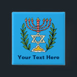 Persian Magen David Menorah Vierkante Button 5,1 Cm<br><div class="desc">This image was adapted from an antique Persian Jewish tile and features a menorah with a Magen David (Star of David) framed by olive branch. De onvolkomenheden van het origineel,  hand-painted image have been preserved.</div>