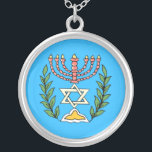 Persian Magen David Menorah Zilver Vergulden Ketting<br><div class="desc">This image was adapted from an antique Persian Jewish tile and features a menorah with a Magen David (Star of David) framed by olive branch. De onvolkomenheden van het origineel,  hand-painted image have been preserved.</div>