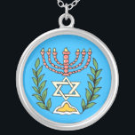 Persian Magen David Menorah Zilver Vergulden Ketting<br><div class="desc">This image was adapted from an antique Persian Jewish tile and features a menorah with a Magen David (Star of David) framed by olive branch. De onvolkomenheden van het origineel,  hand-painted image have been preserved.</div>