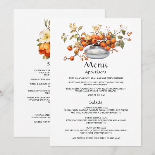 Persimmon bloemenbruiloft menu (Voorkant / Achterkant)