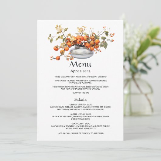 Persimmon bloemenbruiloft menu (Staand voorkant)