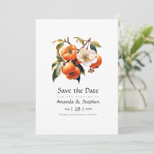 Persimmon bloemenbruiloft save the date (Staand voorkant)