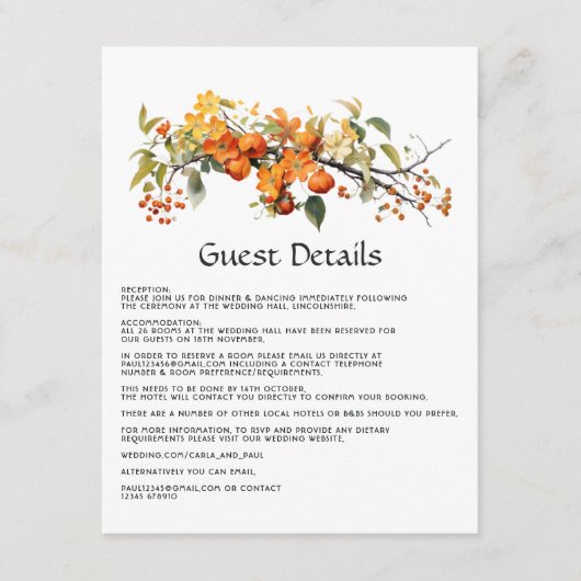 Persimmon Floral Wedding Gast Details Informatiekaartje (Voorkant)