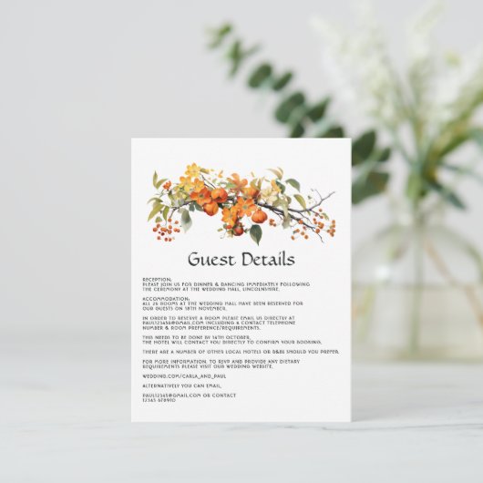 Persimmon Floral Wedding Gast Details Informatiekaartje (Staand voorkant)