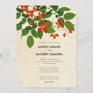 Persimmon & Green Floral Vine Wedding Invitation Kaart
