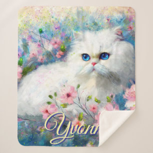 Persische Kat Met Blauwe Ogen in Roze Bloemen Pers Sherpa Deken