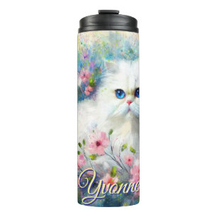 Persische Kat Met Blauwe Ogen in Roze Bloemen Pers Thermosbeker
