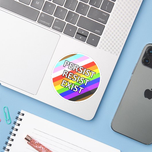Persistent/Resist/Exist Ronde Vinyl Sticker (Laptop met iPhone)
