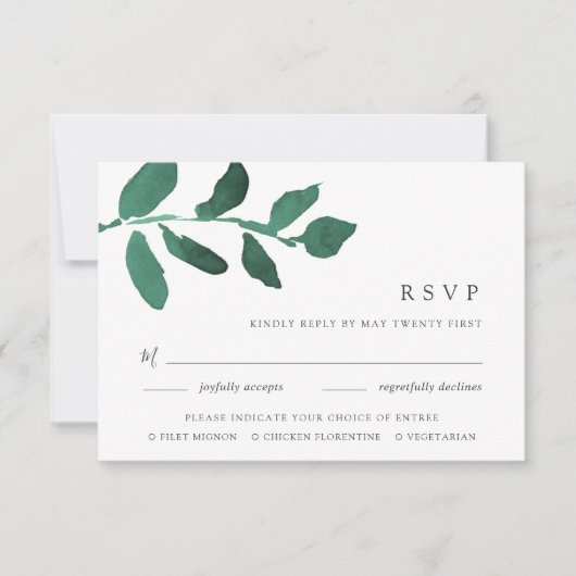 Perskaart voor botanisch dinerkeuze in smaragdgroe RSVP kaartje (Voorkant)