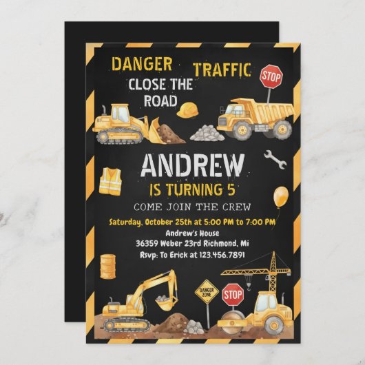 Personal A Modern Construction Birthday Party Kaart (Voorkant / Achterkant)