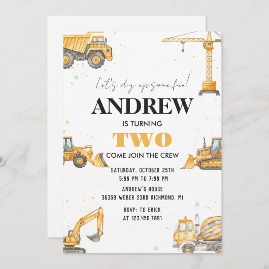 Personal A Modern Construction Boy Digger Birthday Kaart (Voorkant / Achterkant)