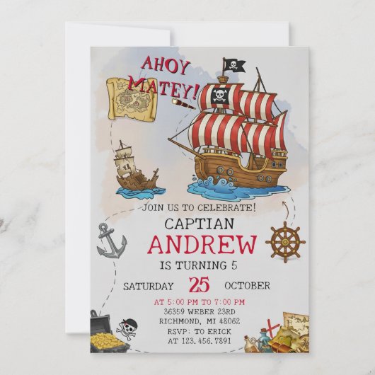 Personal Ahoy Mateys Pirate Ship Birthday Party Kaart (Voorkant)