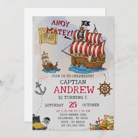 Personal Ahoy Mateys Pirate Ship Birthday Party Kaart (Voorkant / Achterkant)