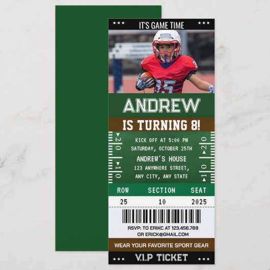 Personal American Football Ticket verjaardagsfoto Kaart (Voorkant / Achterkant)