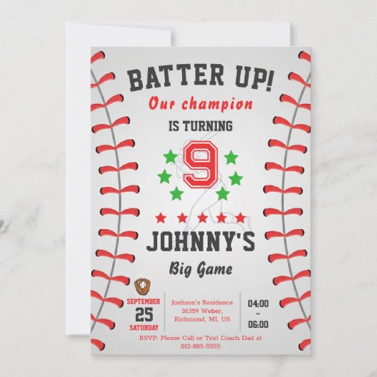 Personal Baseball Birthday Party Invitation Kaart (Voorkant)