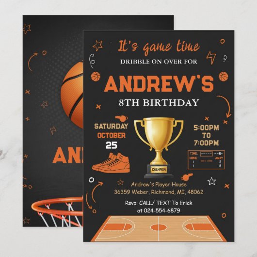 Personal Basketball Birthday Invitation Template Kaart (Voorkant / Achterkant)
