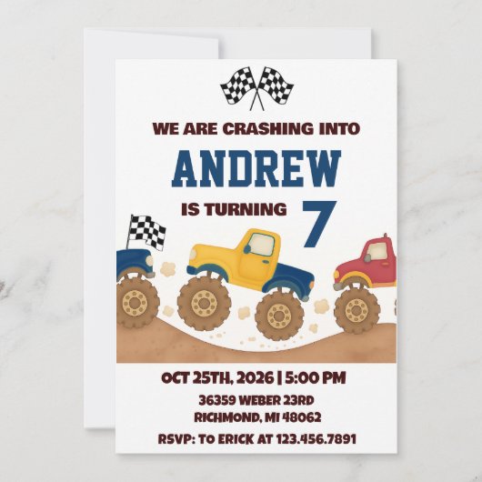 Personal Boy Monster Truck Birthday Party  Kaart (Voorkant)